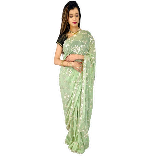 Maharani Collections Maharani's Party Wear Georgette Heavy Work Saree - Sea Green (with Stitched Petticoat)