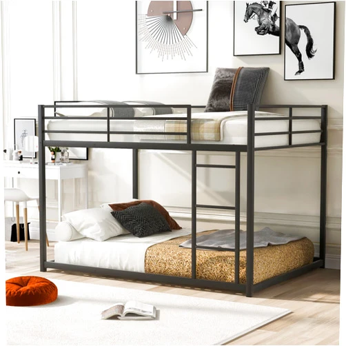 CNANXU Full Over Full Bunk Bed,Heavy Duty Metal Bunk Bed Frame with Ladder & Guardrail for Kids Bedroom,No Box Spring Required,Black