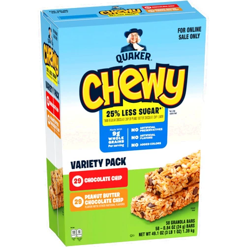 Chewy Quaker Chewy Granola Bars, 25% Less Sugar, 2 Flavor Variety Pack, (58 Pack)