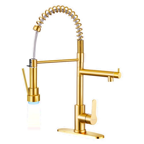Trysea Modern Kitchen Faucet with Pull Down Sprayer,Stainless Steel Spring Sink Faucets Dual Spouts with LED Light,Brushed Gold Kitchen Sink Faucet with Pot Filler