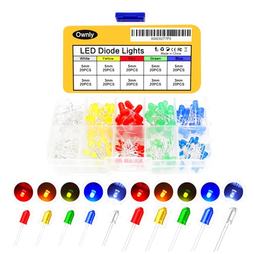 WOWOONE 200Pcs 3mm & 5mm Led Light Emitting Diodes Assortment Kit, Mini/Tiny/Small Individual Led Single Light, Clear/White Red Green Blue Yellow Assorted Led Diode Bulbs Set for Arduino, Breadboard, etc