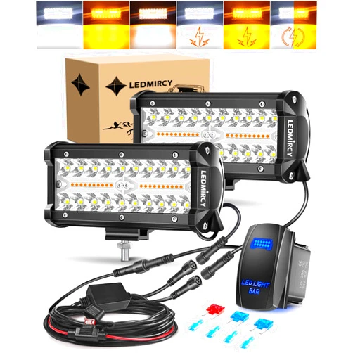 LEDMIRCY 7 Inch LED Light Bar Kit with Rocker Switch 6 Modes White Amber Offroad Light Bar with Memory Function Strobe Light with Wiring Harness Flashing Work Lights for Trucks Boat Tractor Etc