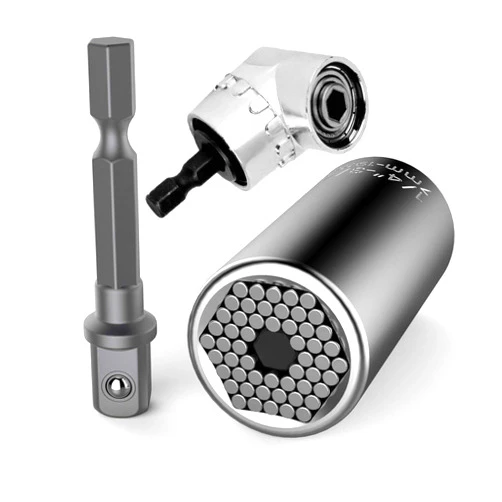 Fruholt Universal Socket Set with Right Angle Drill Attachment, 7-19mm, Chrome Vanadium Steel, Silver, Ratchet Power Drill Adapter, 105 Degree Extension, Professional Grade