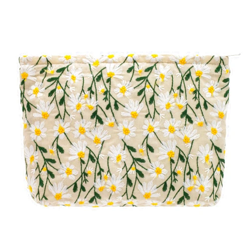 PAZIMIIK Makeup Bags for Purse Zipper Cosmetic Pouch Large Travel Canvas Make Up Organizer Tool Pouch for Women and Girls,Daisy White