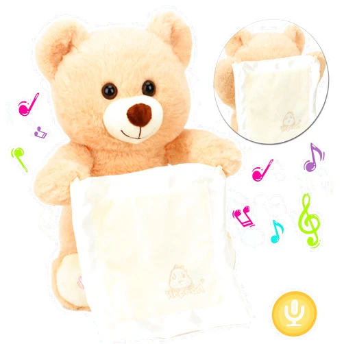 Hopearl Peek A Boo Bear with Security Blanket Interactive Repeats What You Say Plush Teddy Bear Toy Musical Singing Talking Stuffed Animal Adorable Electric Animate Birthday Festival, Beige, 11''