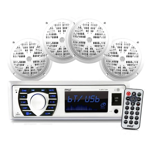 Pyle Marine Radio Receiver Speaker Set 12v Single Din Style Bluetooth Compatible Waterproof Digital Boat In Dash Console System with Mic 4 Speakers, Remote Control, Wiring Harness PLMRKT38W (White)