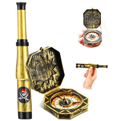 Gejoy 2 Pcs Pirate Telescope and Pirate Compass for Kids Adults Retro Mini Plastic Pirate Toy for Pirate Theme Party Halloween Cosplay Supplies