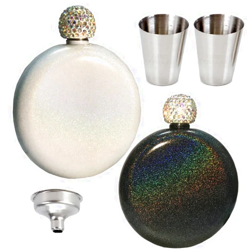 PIVHWIR Womens Flask, Booze Shot Flask, PIVHWIR Liquor Flask with Crystal Lid, 5 oz 304 Stainless Steel Glitter Coating Whiskey Flasks Cute Wine Flask,2 Pcs Shot Flask and Funnel and 2 Pcs cup (Black+White)