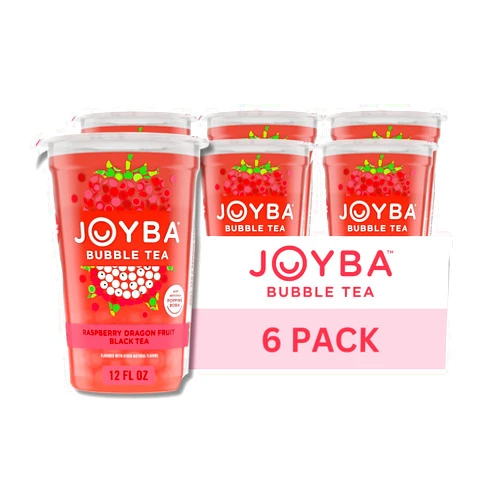 Joyba Bubble Tea Raspberry Dragon Fruit Black Tea with Popping Boba, 6 Pack, 12 fl. oz. Cups