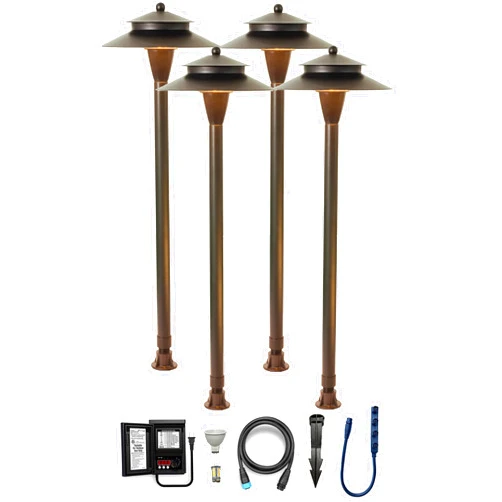 LawnShine Premium Brass Landscape Lighting Kit 4 Path Light with LED Bulbs - Safe & Simple Installation with DIY Plug n’ Play Technology (Midnight Bronze)