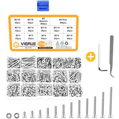VIGRUE 1110PCS M3 Hex Socket Head Cap Screws Nuts Kit, M3 x 4/5/6/8/10/12/14/16/18/20/25/30mm Stainless Steel Screws Assortment Set w/Allen Wrench and Tip Curved Tweezer
