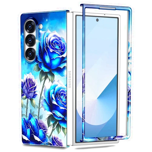 Casetego for Galaxy Z Fold 6 Case,Glitter Floral Pattern Hard PC Slim Shockproof Full Body Protective Girls Case for Samsung Galaxy Z Fold 6 5G (2024),Blue Rose