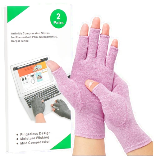 HSGEZUOQI 2-Pair Arthritis Compression Gloves for Alleviate Rheumatoid Osteoarthritis, Carpal Tunnel Raynauds Disease, Fingerless Design Breathable & Moisture, Women and Men (Purple, Medium)