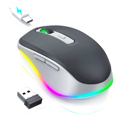 PEIOUS Wireless Mouse Jiggler - LED Wireless Mice with Build-in Mouse Mover, Rechargeable Moving Mouse for Laptop with Undetectable Random Movement Keeps Computers Awake - Black & Grey