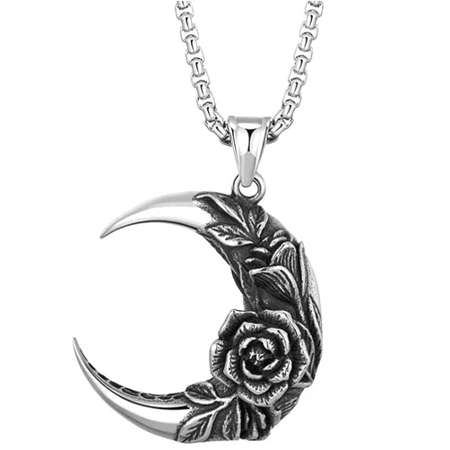 Jude Jewelers Stainless Steel Moon Crescent Shape Rose Flower Antique Vintage Cocktail Party Biker Pendant Necklace