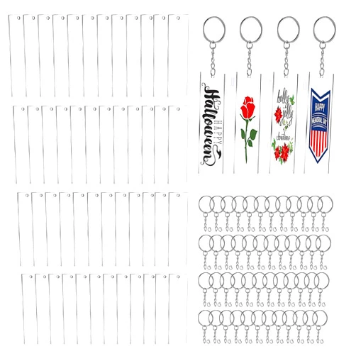 TalyRob Acrylic Keychain Blanks,144Pcs Clear Keychains Set Including 48 Pcs Rectangle Clear Acrylic Ornament Blanks (2 x 8cm) 48 Pcs Key Rings with Chain and 48 Pcs Jump Rings for Vinyl Crafting DIY
