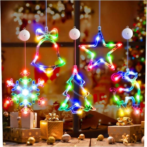 LYUBASA [Timer] 5Pcs Christmas Window Lights Decorations,Battery Powered Christmas Hanging Multicolor Lighted Snowflake Tree Star Deer Bells Shaped LED Sucker for Xmas Tree Fireplace Indoor Decor