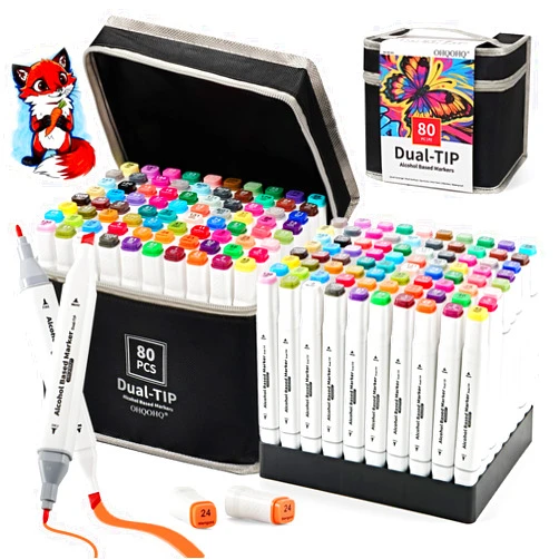 OHQOHQ Alcohol Markers Set 80 Colors, Dual Tip Art Markers Alcohol Based, Chisel & Fine Tip Coloring Markers for Adult Coloring Books, Sketching, Drawing, Illustration, Art Supplies