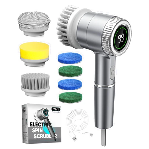 Lxlu Electric Spin Scrubber, Cordless Cleaning Brush with 7 Replaceable Brush Heads, 3 Adjustable Speeds and LED Display, Power Scrubber for Cleaning Kitchen, Bathroom, Window, Sink，LXC ASK5