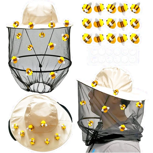 PANMAX 54Pcs Beekeeper hat Set Including 2Pcs Bee Keeper Hats, 12Pcs Wool Felt Bee, Round Double Sided Tape,Bee keeper Costume Helmet Bug Insect Hats with Netting for BeeKeeper Halloween Costume Adult