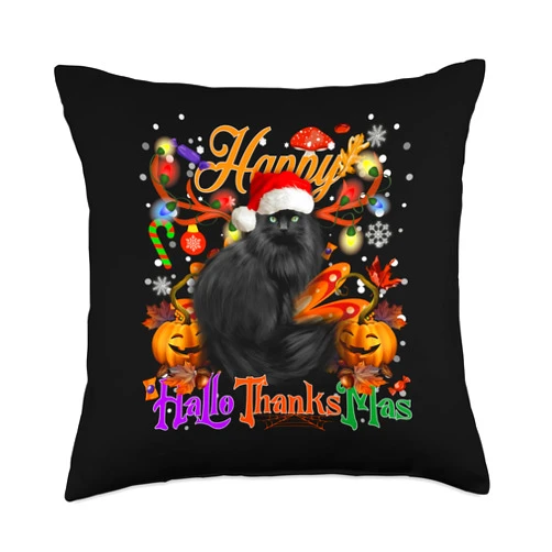 Funny Black Cat Happy Hallothanksmas Gifts Black Cat Happy Hallothanksmas Halloween Thanksgiving Xmas Throw Pillow, 18x18, Multicolor