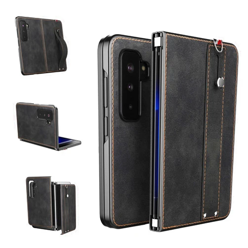 Foluu for Microsoft Surface Duo 2 Case, Surface Duo 2 Leather Case with Hand Strap, [Slim & Lightweight] PU Leather Back Cover Hard PC Holder Protective Phone Case for Microsoft Surface Duo 2 (Black)