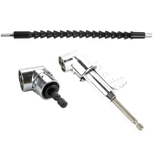 OCGIG 3 Pcs 105 Degree Right Angle Drill Attachment Hex Shank Screwdriver Angled Bit Holder Power Drill Tool and Flexible Angle Extension Soft Shaft Bit Kit for Drill or Driver 1/4