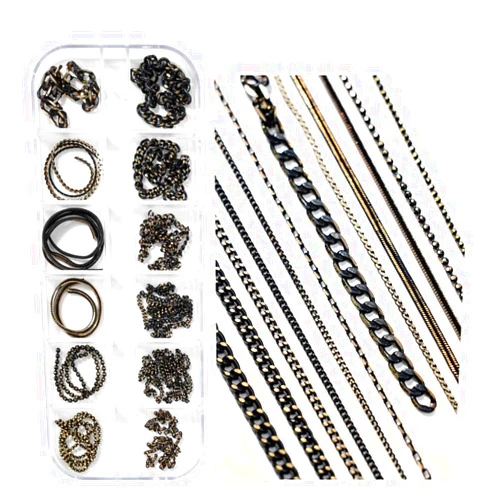 WOKOTO 12 Black Bronze Chains Nail Charms 3d Metal Nail Chain Charms Decoration For Women Girls Bronze Metal Punk Nail Jewelry Chains Charms For Manicure Supplies For Fingernails