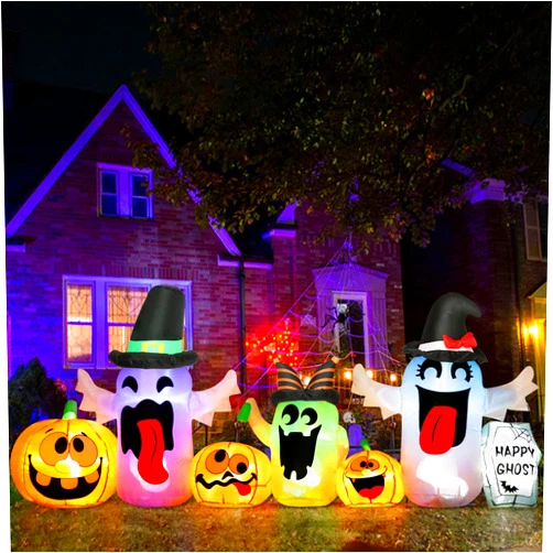 PETUOL 8FT Long Halloween Inflatable Ghosts, Halloween Lighted Decoration White Ghosts with Pumpkins and Tombstone for Halloween, Blow Up LED Party Indoor, Outdoor Yard, Garden, Lawn Decor