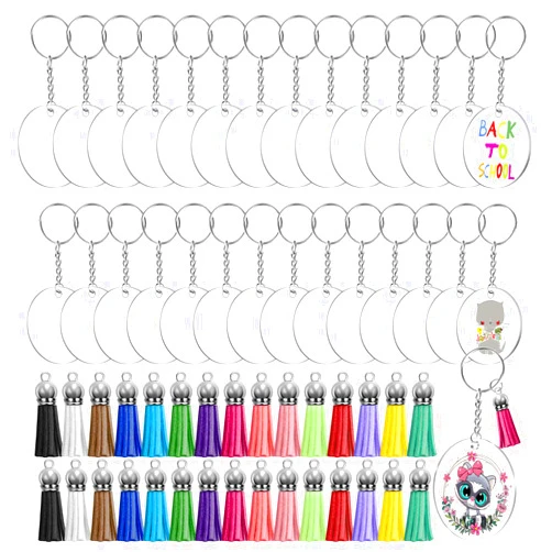 Audab 120pcs Acrylic Keychain Blanks for Vinyl Kit Including 30pcs Clear Acrylic Blanks, 30pcs Keychain Tassels, 30pcs Key Rings and 30pcs Jump Rings for DIY Key Chain Vinyl Crafting