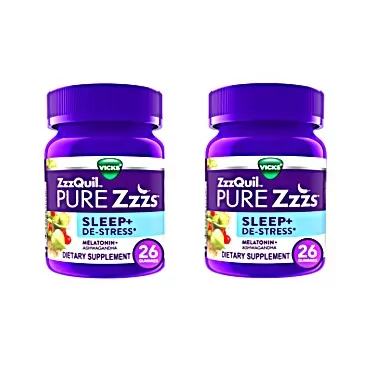 ZzzQuil Vicks Pure Zzzs Sleep + De-Stress Melatonin Gummies, 26 CT (Pack of 2) 26 Count (Pack of 2)