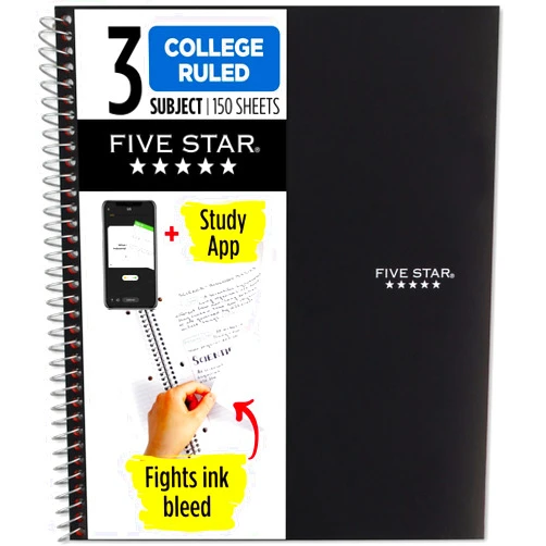 Five Star Spiral Notebook + Study App, 3 Subject, College Ruled Paper, Fights Ink Bleed, Water Resistant Cover, 8-1/2