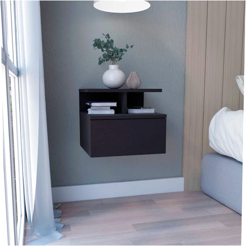DEPOT E-SHOP Floating Nightstand, Wall Mounted, Single Drawer, 2-Tier Shelf, Black, 12