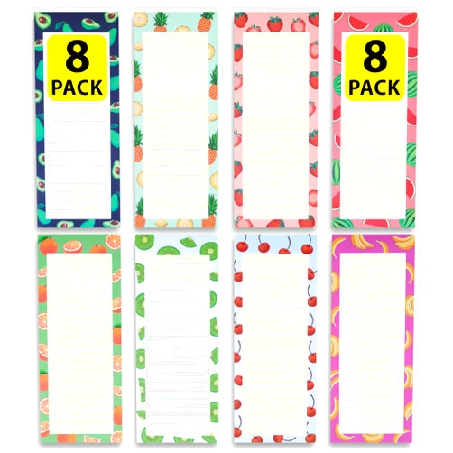 Modern Shop 8 Magnetic Notepads – Notepads for Grocery List, Shopping List, To-Do List, Reminders -Strong Magnetic Back- Memo Notepad with Realistic Fruit Designs | 25 Sheets per Pad 7.5 x 3.5 inch (8 Pack)