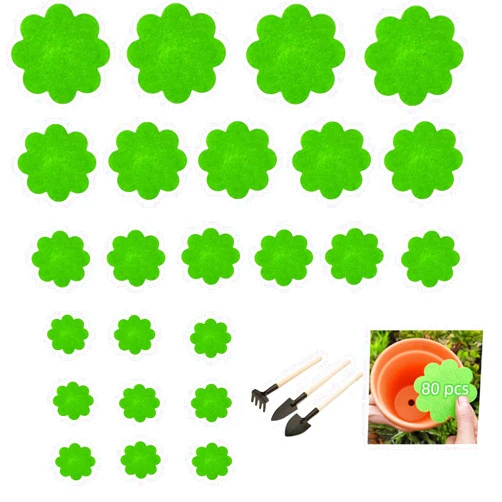 Oraony 80 Pcs Upgraded Flower Pot Hole Mesh Pad with Tools, 2/3/4/5 inch Non-Woven Fabric Flower Shape Bonsai Mesh Bottom Soil Mat Prevent Soil Loss Anti, Plant Pot Liner Minimize Root Rot (Green)