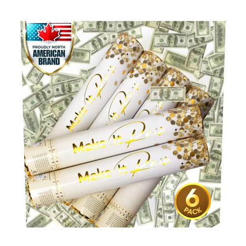 PrimePure Confetti Cannon Party Poppers - Money Confetti Poppers - 6 Pack - Bulk Mini 100 Dollar Bills Party Cannons Shooters Gun for Wedding, Birthdays, Celebrations