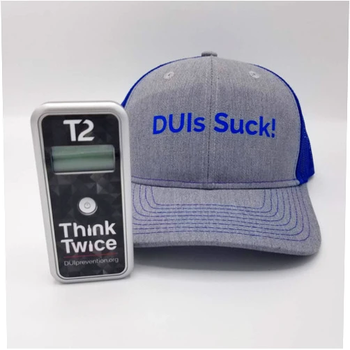 Think Twice AlcoMate Premium AL7000 Professional Digital Breathalyzer - No Calibration Required - Bundle with DUIs Suck! Trucker Cap - Gray/Blue