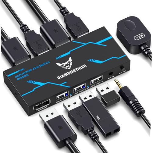 DiamondTiger KVM Switch DisplayPort - DP KVM Switch for 1 Monitor 2 Computers to Share Mouse, Keyboard, Printer, USB 2.0 Device and Ultra HD Monitor, Support 4K 60fps. Display Port Cable Included