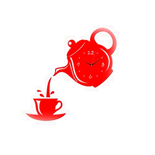 Lingland 2 PCS Creative DIY Acrylic Coffee Cup Teapot 3D Wall Clock Decorative Kitchen Wall Clocks Living Room Dining Room Home Decor Clock(Red) Home Furnishings (Color : Red)