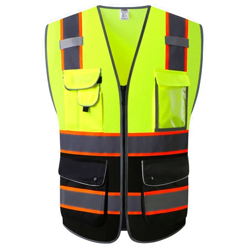 JKSafety 9 Pockets Class 2 High Visibility Dual Color Zipper Front MESH Lite Safety Vest | Orange Color Triming Reflective Strip | ANSI/ISEA Standards (100-Yellow-Black, XL)
