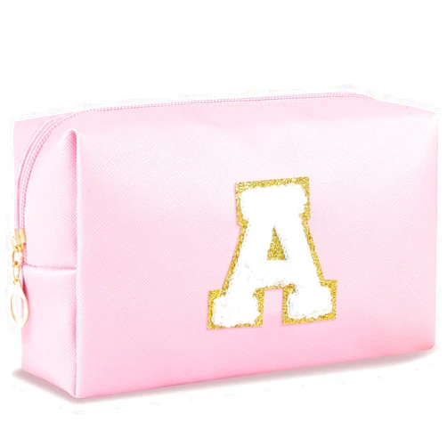 URSKYTOUS Initial Makeup Bag Personalized Preppy Cosmetic Bag Travel Toiletry Bag Waterproof PU Small Makeup Pouch Bag for Purse Birthday Gift Cute Stuff for Teen Girls Women (Pink A)