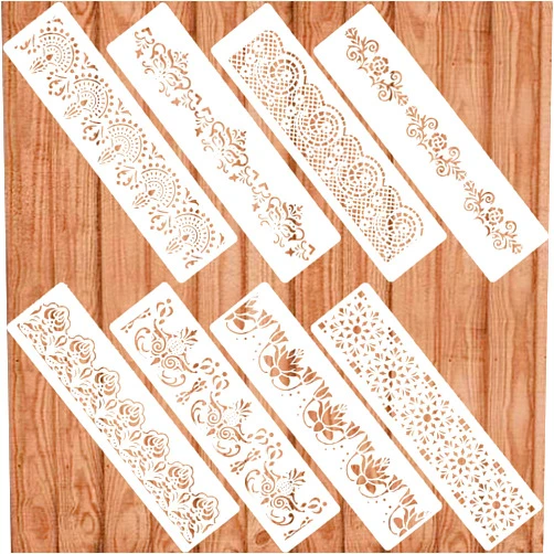 KUANSHENG Ornate Border Painting Stencil Set 8 PCS - Flower Stencil Reusable Template for Wall Cake Decorating & DIY Crafts
