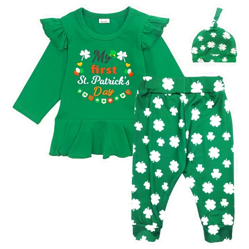 Xuomuen My First St. Patrick's Day Baby Girl Outfit, Newborn Infant 1st St Patrick's Tops Four Leaf Clover Shamrock Pants