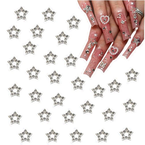 ASONRL 30 Pcs Star Nail Art Charms Bulk - ASONRL 3D Alloy Rhinestone Silver Stars Shape Metal Nail Charms for Acrylic Nails DIY Nail Decoration (Silver)