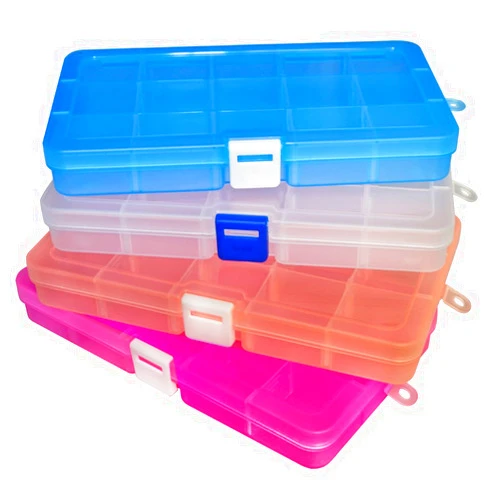 Qualsen 4 Pack Plastic Compartment Box with Adjustable Dividers Craft Tackle Organizer Storage Containers Box 15 Grid (4 Colors)