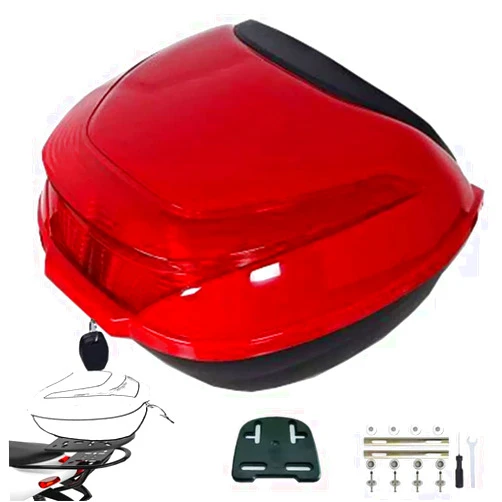 HDBODY Universal Motorcycle Tail Top Case ABS Waterproof Motorcycle Luggage with Security Lock Scooters, Motorcycles, Mopeds and Quad Bikes Storage Case,Red,43x37x28cm