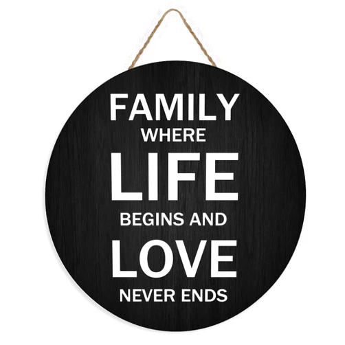 Mighun Family Where Life Begins And Love Never Ends Sign Front Door Decor Round Wood Hanging Sign Welcome Sign for Farmhouse, Rustic Wooden Door Hangers Front Porch Decor 12X12 Inch