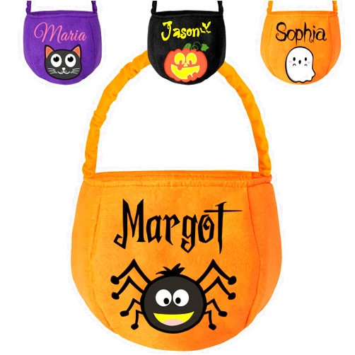 PFTPOW Personalized Halloween Basket with Name Custom Halloween Trick or Treat Bucket Bag Customized Candy Baskets Gift for Kids Boys Girls Orange