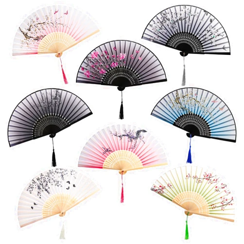 AVLA 8 Pack Folding Fans, Silk Fabric Bamboo Handheld Fans with Tassel, Floral Blossom Hand Holding Fans for Women, Wedding, Dancing Party, Gift, Cosplay, Wall Decoration, Chinese Vintage Retro Style