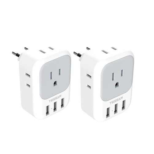 TESSAN European Travel Plug Adapter 2 Pack, US to Europe Power Adapter with 4 AC Outlets and 3 USB, Euro Charger Adaptor Type C for USA to EU Spain France Iceland Italy Germany Greece